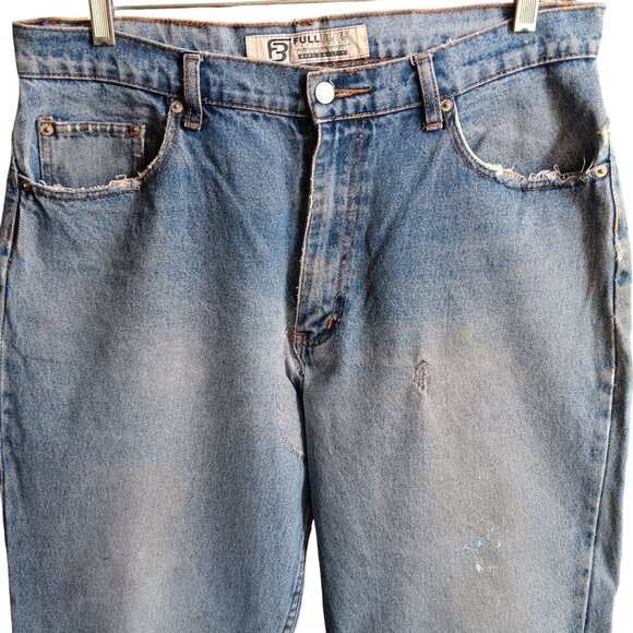 36x30 Vtg Y2K Full Blue Mens Distressed Repaired Vtg Blue Jeans Relaxed Trash - Picture 2 of 10